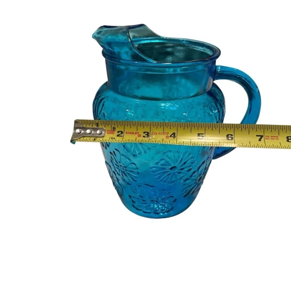 Cobalt Blue Glass Water Pitcher Vtg. 1960’s Embossed Floral Mid Century Modern